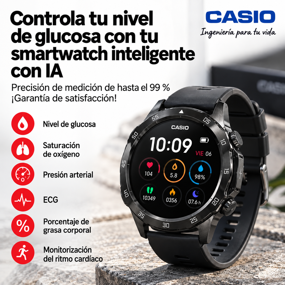 Smartwatch CASIO con funciones de seguimiento del bienestar y la actividad diaria